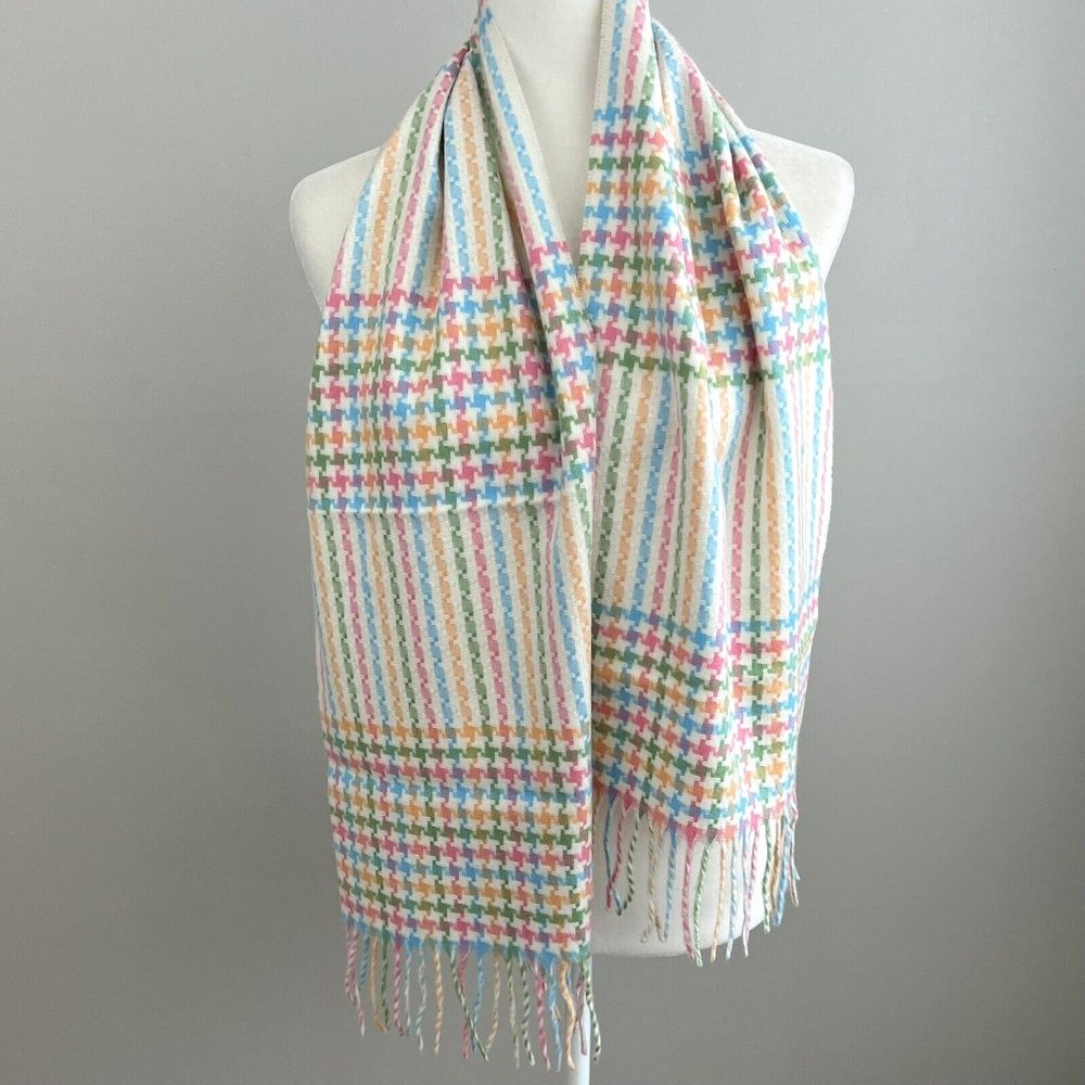 Merona Houndstooth Cream Colorful Woven Winter Scarf 48”x11” Fringed Germany